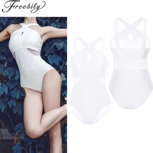 Women Adult body ballet leotard Sleeveless Front Cross Neck Fishnet Splice Waist Female Ballet Dance Gymnastics Leotard Jumpsuit