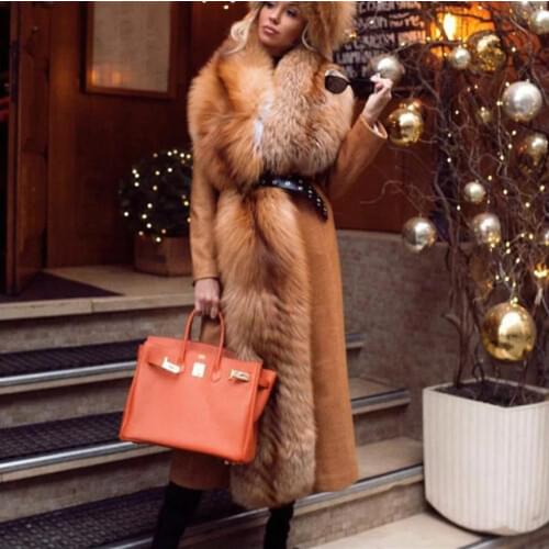 Woolen Coat Fox Fur Collar Real Natural Fur Outerwear Women Fashion Cashmere Wool Coat