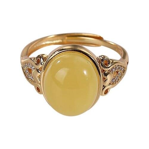 S925 sterling silver Gold plating Natural Amber Beeswax Ring Retro Simple Temperament Egg noodles Ladies Ring
