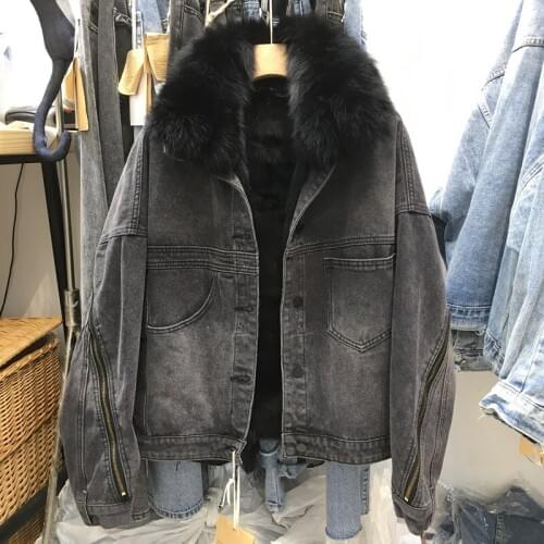 2020 winter women thick warm rabbit fur lining real fox fur turn down collar denim jackets loose plus size casual coats A250