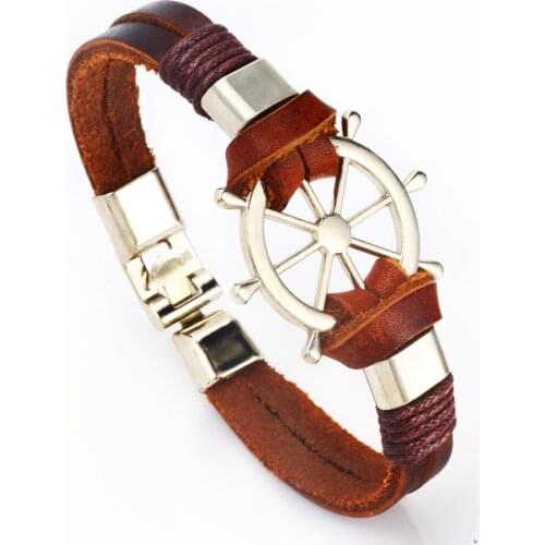 2021 Fashion Jewelry Vintage Brown Leather Charm Bracelets Men Couple Hope Rudder Bracelets Bangles for Women Pulseras Mujer