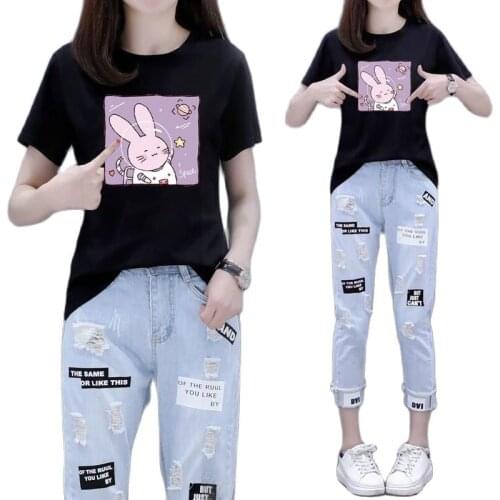 2021New Single Piece/Set Female Summer Short-Sleeved T-Shirt Nine-Point Jeans Loose Two-Piece Women Student Suit Cowboy 2PCS 315