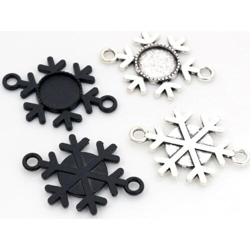 20pcs 12mm Inner Size Antique Silver Plated and Black Snowflake Christmas connector Cabochon Base Cameo Setting Charms Pendant