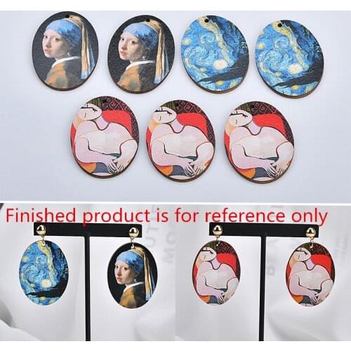 30pcs/lot color girls/oil painting pattern print geometry ovals shape fashion wood beads diy jewelry earring/garment accessory