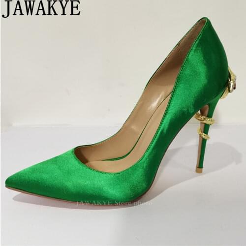 Summer Super high heel Shoes Woman Satin Pointy Toe Metal snake Design Gladiator Sandals Sexy Slim Dress Party Shoes mujer