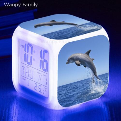 Lovely Dolphin Alarm Clock 7 Color LED Glowing Digital Alarm Clock Kids room Touch Sensing Night Light Electronic Watches Clock