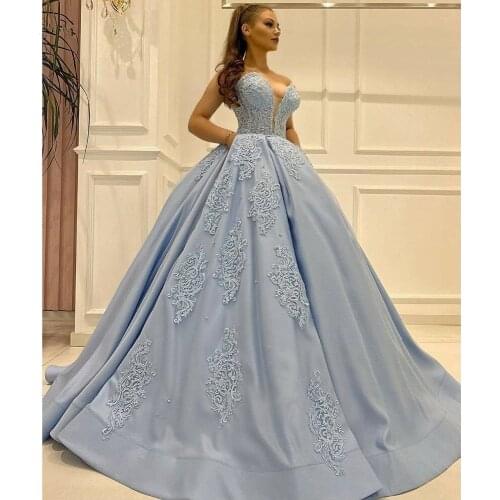 Princess Baby Blue Lace Evening Dresses 2021 With Pockets Puffy Long Satin Ball Gowns Delicate Appliques Crystal Evening Gowns