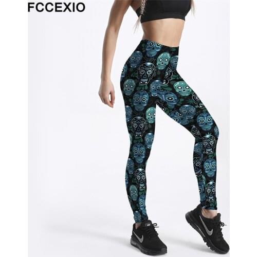 FCCEXIO Funny Skull Print Sexy High Waist Elasticity Leggings Push Up Strength Pants Summer Fitness Women Seamless Trousers