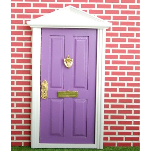 1 Set Lovely DIY Craft Dollhouse Miniature Furniture Purple Great Accessory Wooden Door 4-Panel Exterior Steepletop with Key