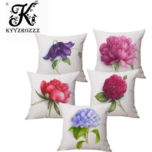 Fashion High Quality Cotton Linen Beautiful Rose Peony Flower Car Decorative Throw Pillow Case Cushion Cover Sofa Home Decor