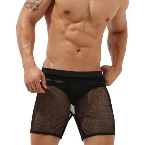Mens Casual Shorts Mesh Transparent Long Boxer Shorts Breathable Sports Fitness Underwear Trunks Slip Hombre Panties Plus Size