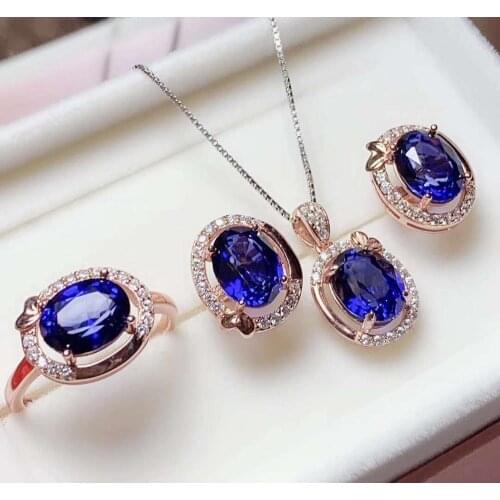 Real Natural Sapphire jewelry set Natural Real Sapphire 925 sterling silver 1pc pendant,1pc ring,2pcs Earring