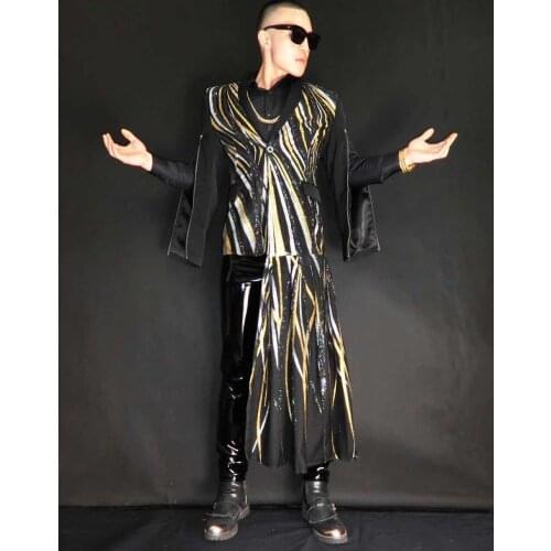 Nightclubs Male Singer DJ Stars Super Flash Mens Irregular Long Skirt Slim Suit Costumes Stage show performance wear