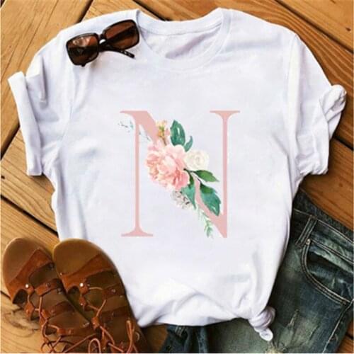 LINNA New Womens T-shirt Pink Letter Flower Ladys T-shirt Harajuku Fashion Slim T-shirt Clothes 90s Kawaii