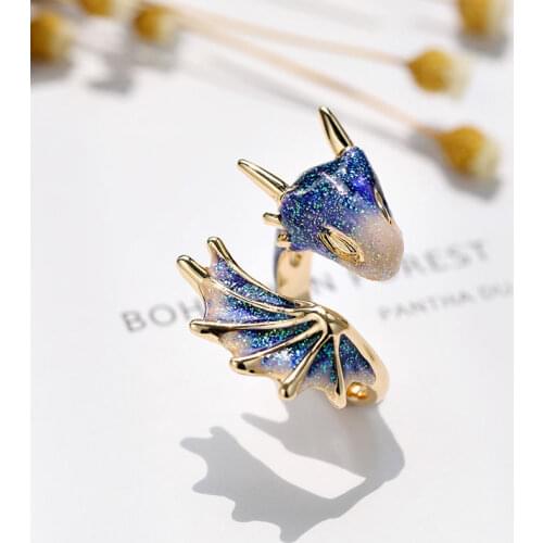 Original design starry sky small blue dragon opening ring colorful fresh and unique craftsmanship charm womens silver jewelry