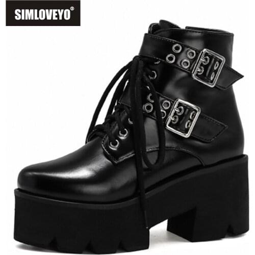 SIMLOVEYO New 2021 Ladies Ankle Boots Round Toe 7cm Block Heels Patent Leather Buckle Stylish Vintage Big Size 43 Casual B2344