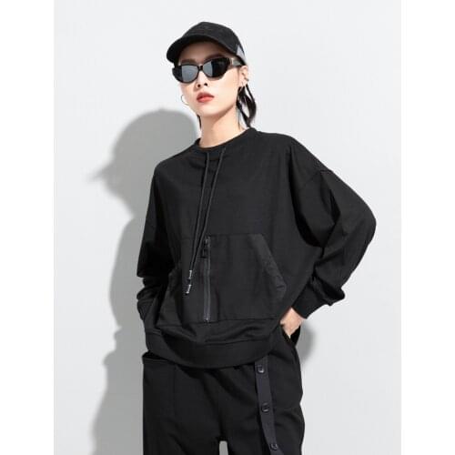 Cross border fashion large size bat sleeve T-shirt 2021 spring dress dark black personalized drawstring waist show thin versatil