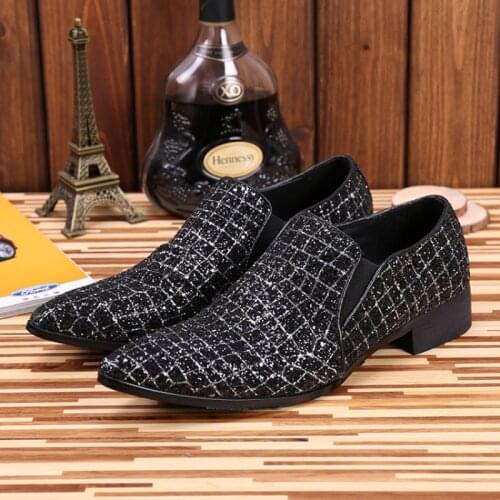 Christia Bella Man Black Fashion Lattice Sequins Shoes Party Genuine Leather Male Pointed Toe Shoes Mens Prom Slip on Shoes