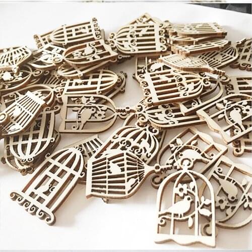 25/50/100 pcs Vintage bird cage Wood Laser Cut Out Natural Wood Pieces Children Handmade Scrapbook DIY Party Wedding Decoration
