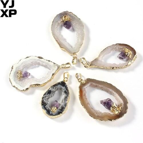 YJXP Druse Pendants Hollow Inlay Amethysts Crystal Irregular Natural Agates Geode Slice Pendant Charms Jewelry Necklaces Fits