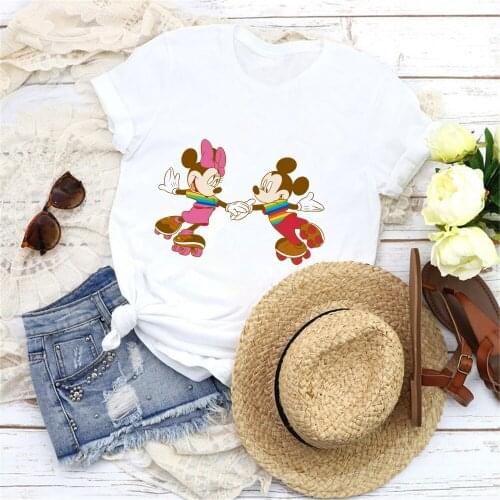 2021 Women Graphic Tees Summer Short Sleev White O-neck Tshirt Mickey Mouse Minnie Mouse Printed Cute Kawaii Tee Shirt Femme Top