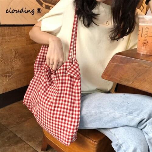 Womens Canvas Tote Shoulder Large Shopping Bag Plaid Eco Large Capacity Ladies Purse Pouch Girls Student Book Handbags