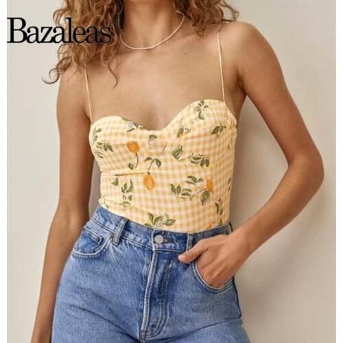 Bazaleas Women leaf print Tank Top Vintage Print Slim Women Top Adjust Spaghetti Straps tops
