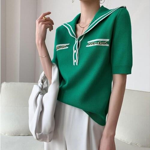 2021 Spring and Autumn Sailor Collar Contrast Color Knitwear College Style Retro Green Short Sleeve T-shirt Top for Women