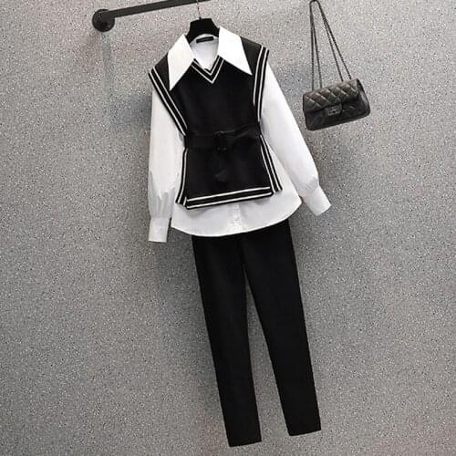 4XL Plus Size Women Patchwork Two Piece Sets White Shirts Tops And Pants Lady Fashion Irregular Split Casual Suits Autumn Set