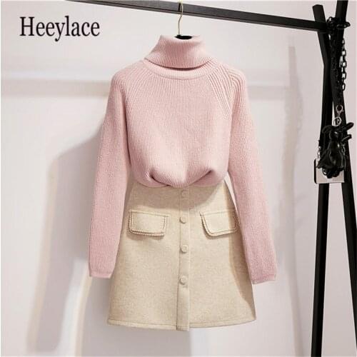 Pink Knitted Long Sleeve Casual Turtleneck Women Fashion Sweaters Loose Tops+Autumn Winter Woollen Cloth High Waist Skirts Sets