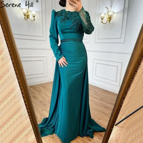 Prom Dress Muslim Green Mermaid Satin Evening Dress Gown Elegant Luxury Beading For Women Party Night Party DLA71124