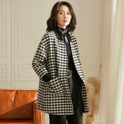 Houndstooth Coat Women Casual Style 50% Wool Blended V Neck Long Sleeve Pockets Plaid Coat New Fashion
