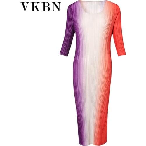 VKBN Summer Dresses Woman Party Night Empire O-Neck Color Gradient Straight Ruched Club Dress Elegant Vestidos De Fiesta