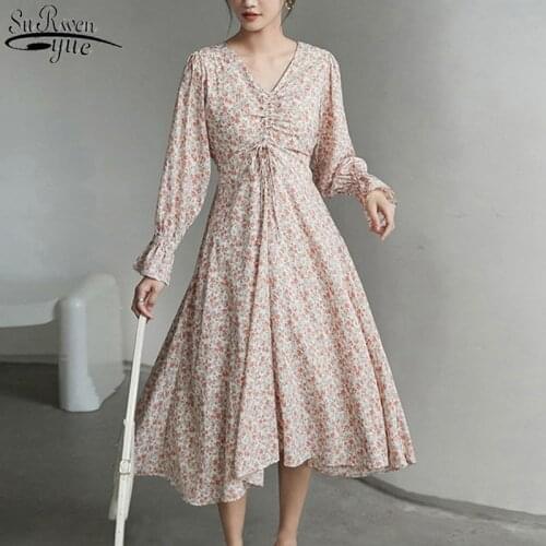 A-line Long Dress Gentle Women Dress Korean Chic Floral Dresses 2021 New Pleated V-neck Ruffles High Waist Femme Robe 13085