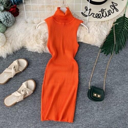 AreMoMuWha Half-high Collar Knit Sleeveless Vest Dress 2019 New Sexy Temperament Body Solid Color Bag Hip Bottoming Dress MH478