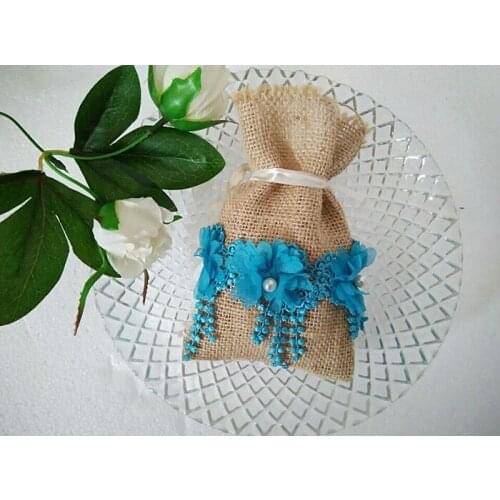 Free shipping Burlap blue lace bag Candy Bag burlap bag Lace beads bag
