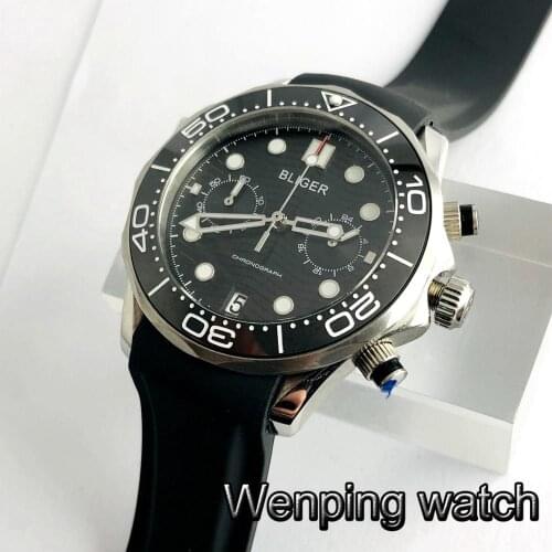 Bliger new 41mm sapphire crystal ceramic bezel black dial date rubber strap chronograph quartz mens top luxury watch