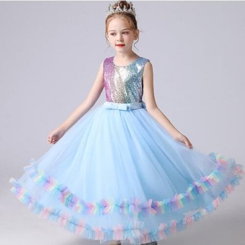 New birthday party Rainbow sequined layered gauze dress for kids clothes 5 to 14 years old Girls wedding party long dress