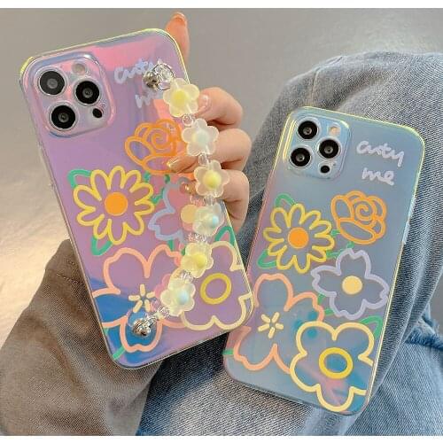 Gradient Laser Flower Wrist Chain Phone Case For iPhone 12 Pro Max XS MAX 11 Pro Max XR XS 7 8 Plus Clear Soft Shockproof Shell