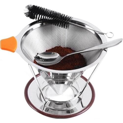 New Pour over Coffee Dripper,Reusable Stainless Steel Cone Coffee Filter with Non-Slip Cup Stand,Cleaning Brush and Spoon