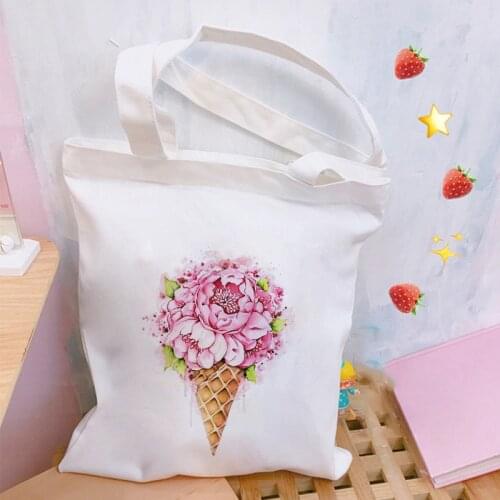 Reusable Ladies Shopping Bag Ice cream flower Print Women Canvas Tote Bag Eco Shopper Bag Cartoon Fashion Shoulder Bag for Women