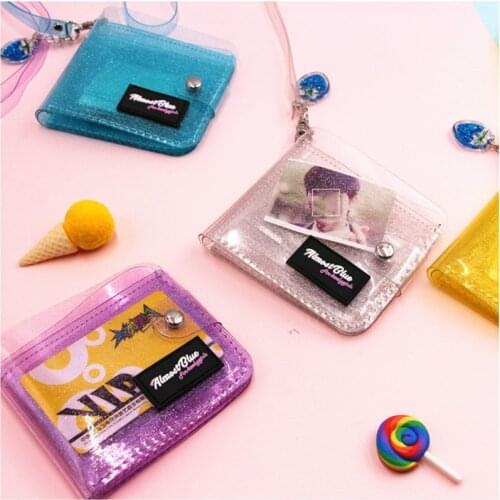 Fashion Folding PVC Wallet ID Card Short Holder Women Girl Glitter Laser Coin Purse Business Lanyard Photo Card Case Transparent