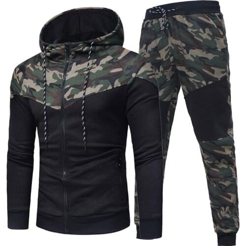Mens Camouflage Patchwork Hoodies Sets Male Zipper Jacket+Pants 2PC Tracksuit Sportwear Autumn Jogging Brand Suit Plus Size