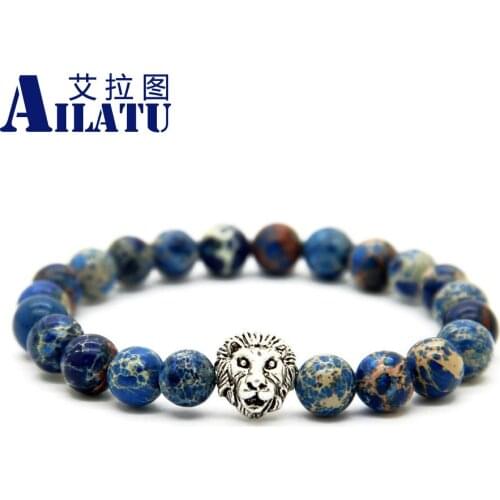 Ailatu Men Silver Color Lion Head Bracelet 8mm Blue Earth Ocean Sea Sediment Stone Beads for Mens Gift