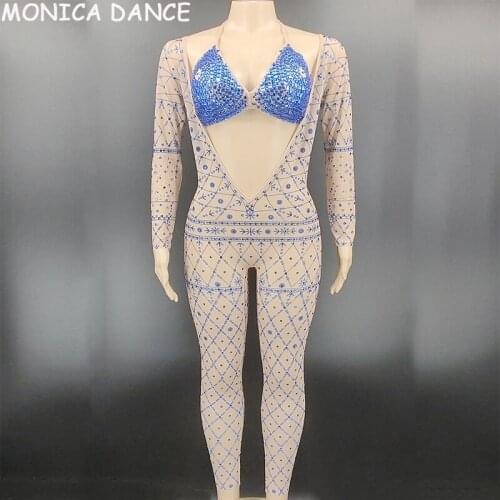 Nightclub Sexy Stage Rhinestone Bra Long Sleeves Transparent Jumpsuit Birthday Leggings Big V-collar Outfit Women Dance Jumpsuit