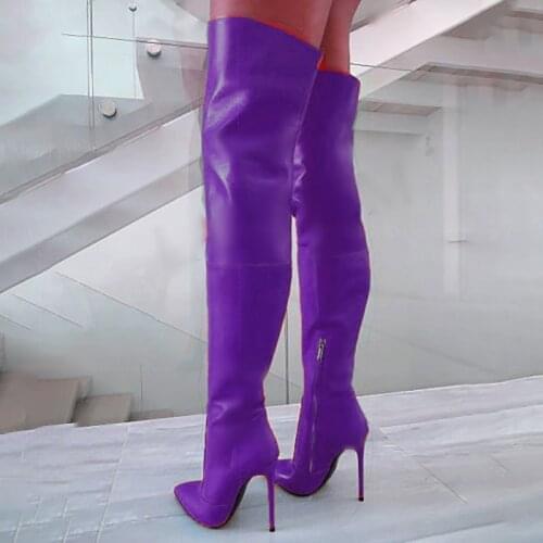 Sexy Pointed Toe Over The Knee Boots Black Red Purple Blue Leather Tight High Boots Zipper Stiletto Heels Dress Shoes Big Size45