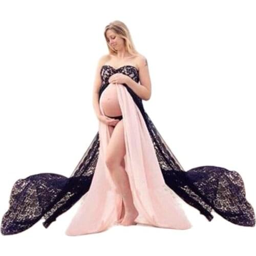 Maternity Inside And Outside 2 Colors Dresses Lace Trailing Beach Party Dress Longuette Tube Top Pregnancy Shoot Photo Vestido