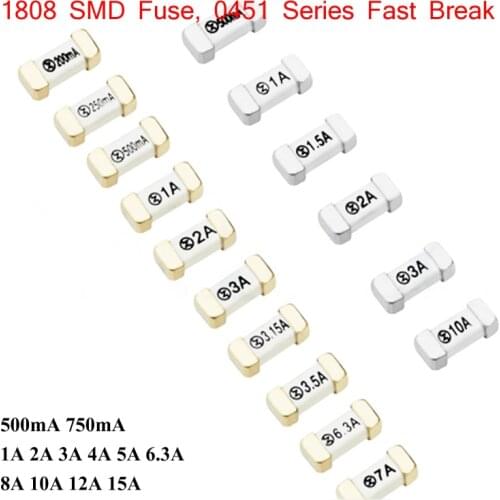 10pcs 1000pcs 1808 SMD Fuse 0451 Series Fast Break 500mA 750mA 1A 2A 3A 4A 5A 6.3A 8A 10A 12A 15A