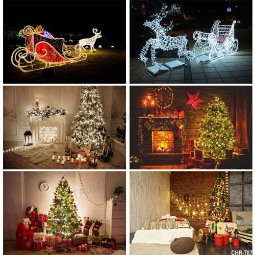 Christmas Backdrop Photography Fireplace Luminous Christmas Tree Elk Sled Photo Background Famliy Party Child Portrait Wallpaper