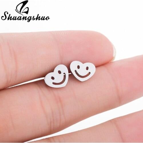 Shuangshuo Trending Heart Smile Face Earrings Female Heart Stainless Steel Earrings for Women Accessories Stud Earrings Gold